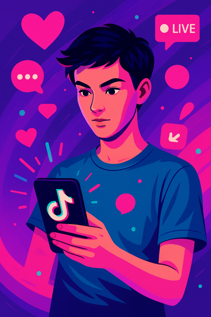 En digital illustration af en ung person med mørkt hår, der holder en smartphone og ser på TikTok-logoet på skærmen. Omkring personen svæver sociale medieikoner som hjerter og beskeder, og der er en "LIVE"-boble synlig i baggrunden. Hele scenen er oplyst i livlige pink, lilla og blå farver, hvilket fremhæver energien i sociale medieinteraktioner.